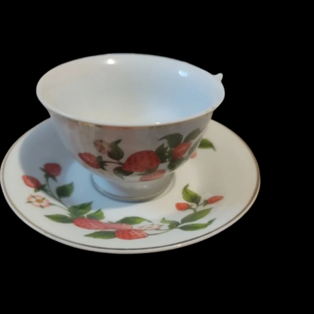 Vintage Teleflora Strawberry Patterned Cup and Saucer Set With Stand Cottagecore